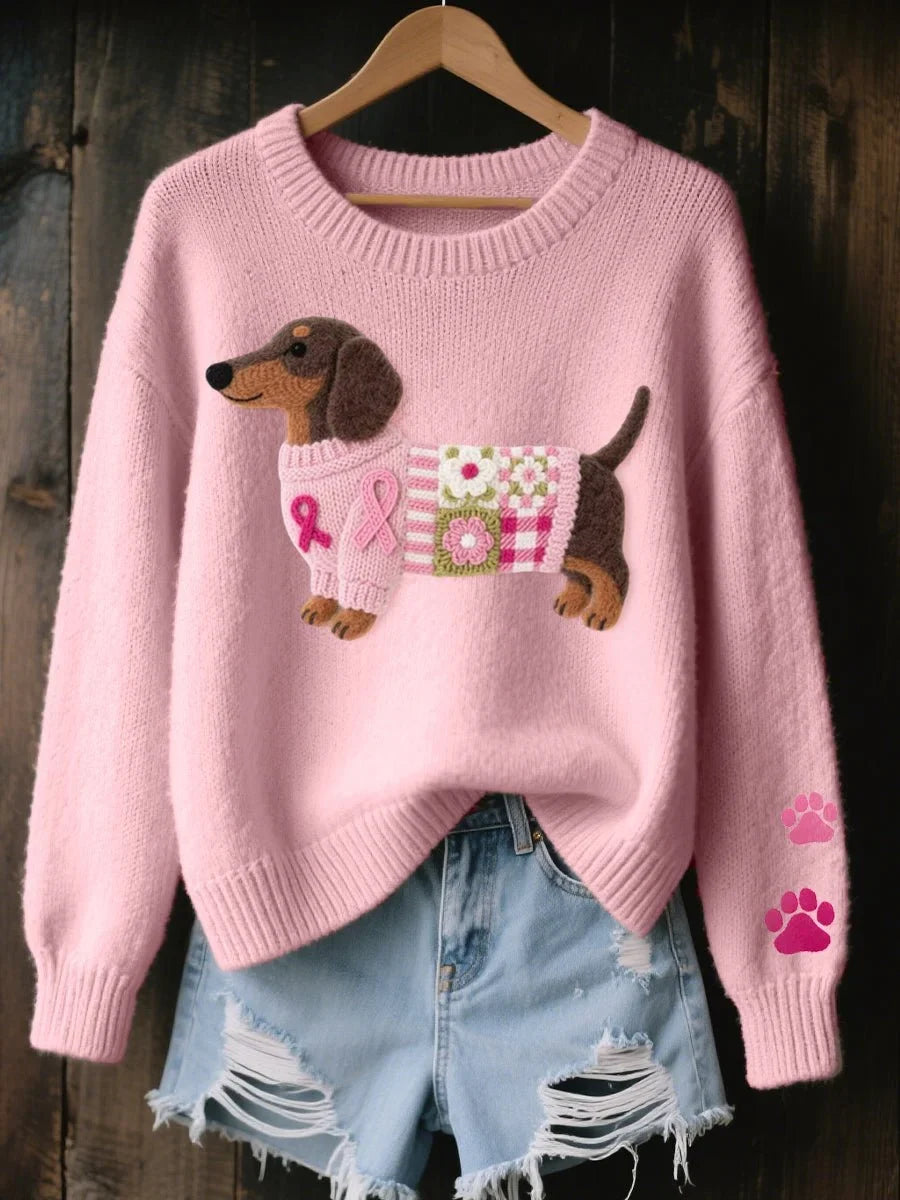 Women's dachshund patchwork crewneck knit sweater – Pink