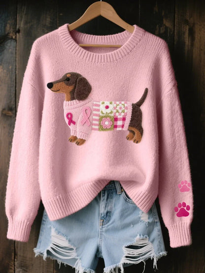 Women's dachshund patchwork crewneck knit sweater – Pink