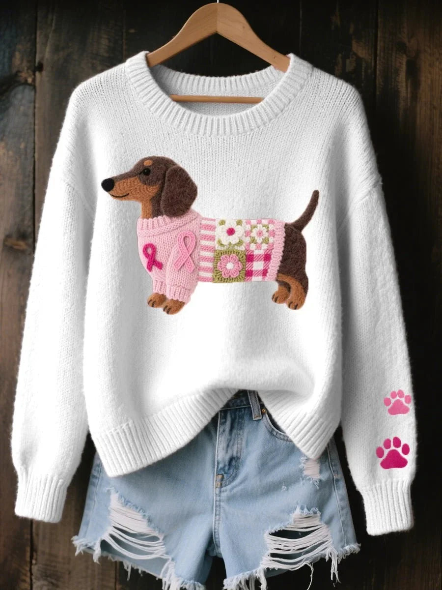 Women's dachshund patchwork crewneck knit sweater – White
