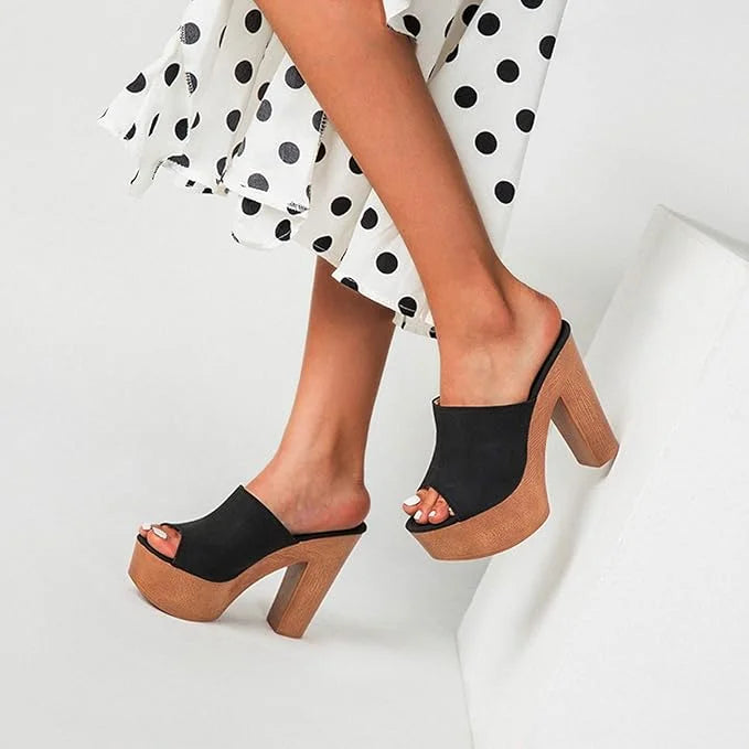 Women's suede platform sandals with wooden chunky-heel