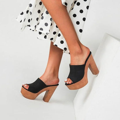 Women's suede platform sandals with wooden chunky-heel