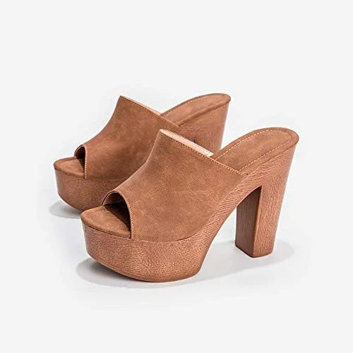 Women's suede platform sandals with wooden chunky-heel