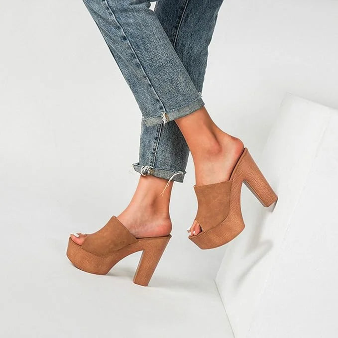Women's suede platform sandals with wooden chunky-heel