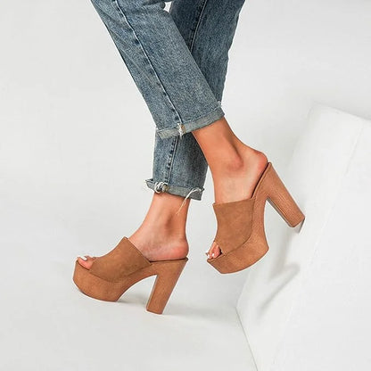 Women's suede platform sandals with wooden chunky-heel