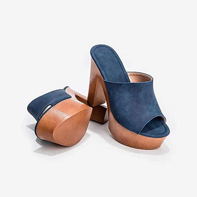 Women's suede platform sandals with wooden chunky-heel