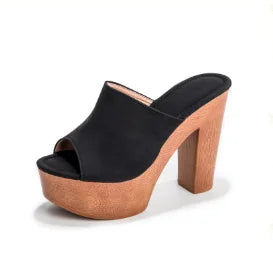 Women's suede platform sandals with wooden chunky-heel – Black