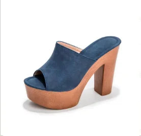 Women's suede platform sandals with wooden chunky-heel – Blue