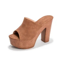 Women's suede platform sandals with wooden chunky-heel – Brown