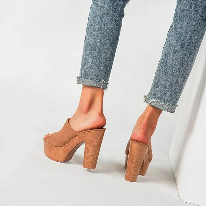 Women's suede platform sandals with wooden chunky-heel