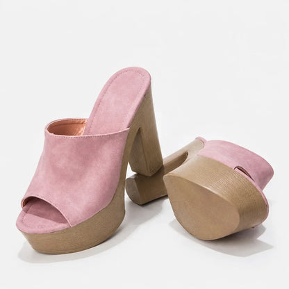 Women's suede platform sandals with wooden chunky-heel
