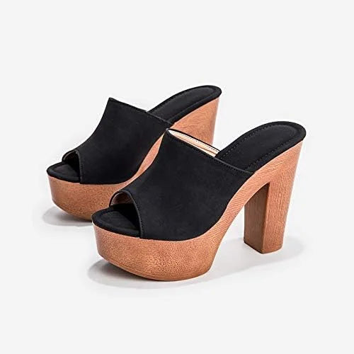 Women's suede platform sandals with wooden chunky-heel