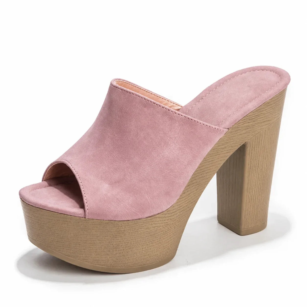 Women's suede platform sandals with wooden chunky-heel – Pink
