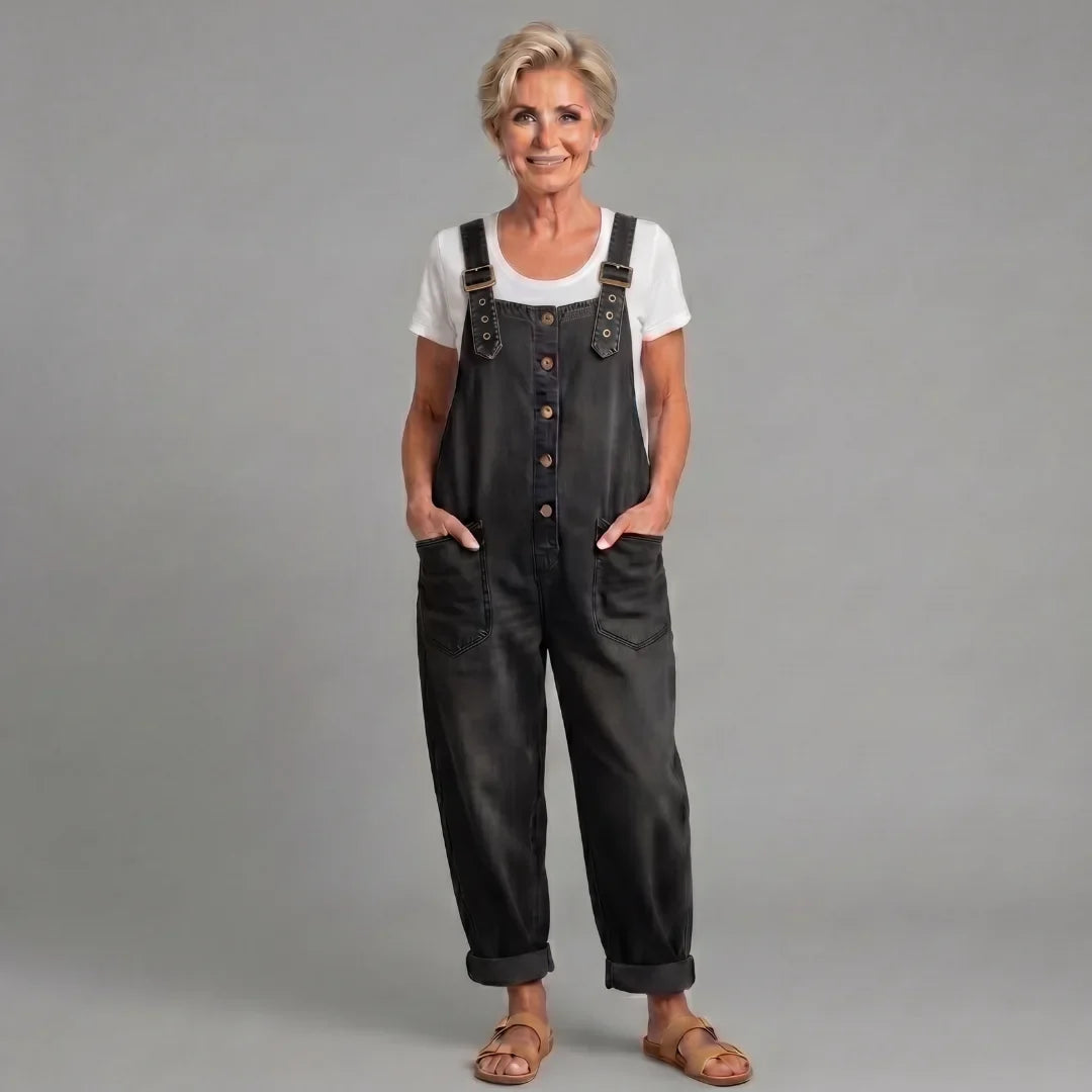 Women's denim bib overalls with womens wide leg pants and button-front closure – Black