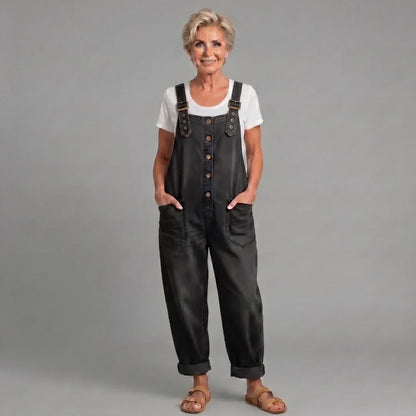 Women's denim bib overalls with womens wide leg pants and button-front closure – Black