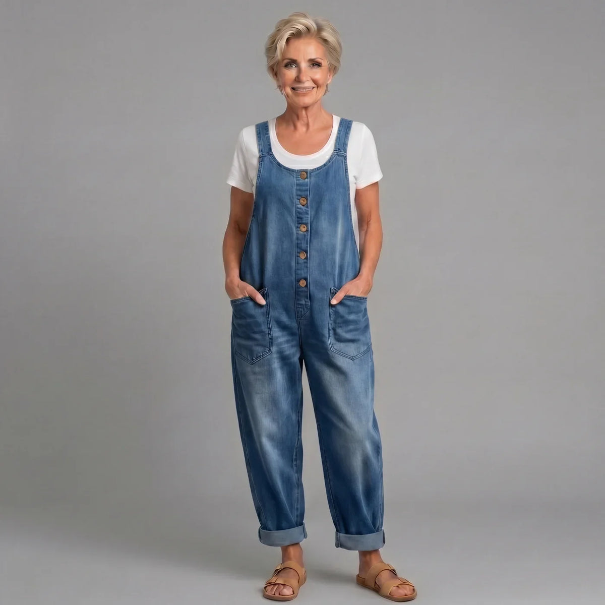 Women's denim bib overalls with womens wide leg pants and button-front closure – Blue