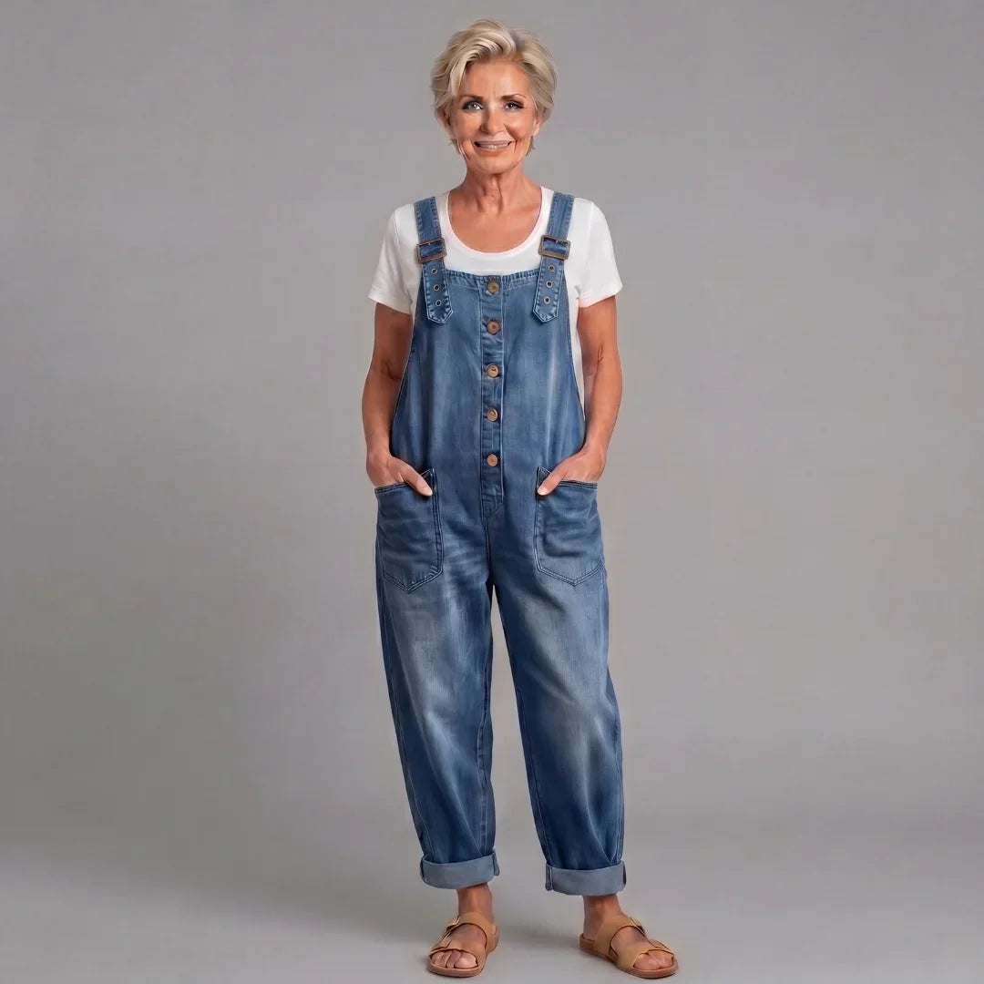 Women's denim bib overalls with womens wide leg pants and button-front closure – Blue