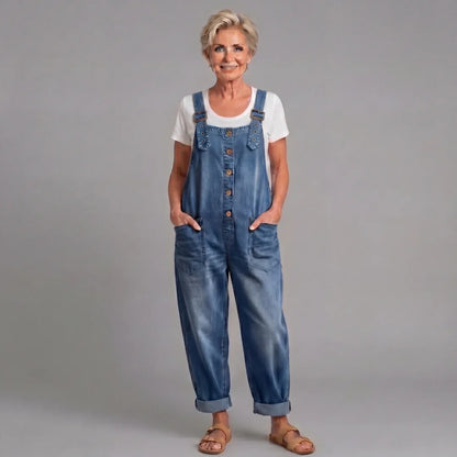Women's denim bib overalls with womens wide leg pants and button-front closure – Blue