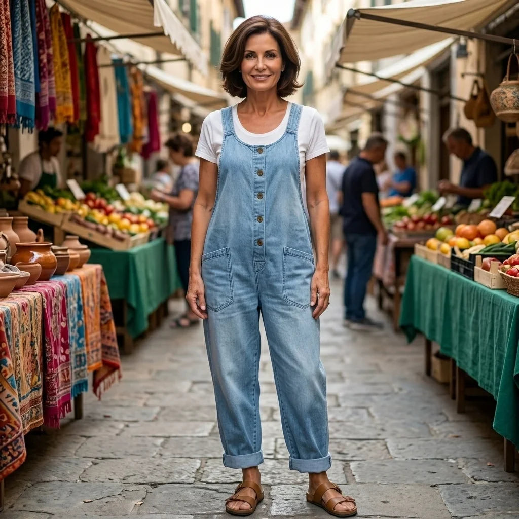 Women's denim bib overalls with womens wide leg pants and button-front closure