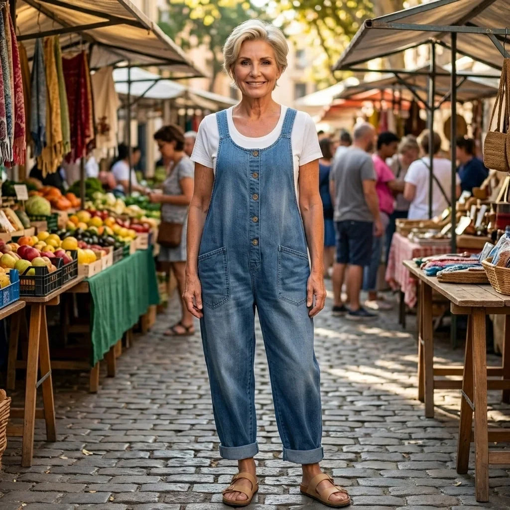 Women's denim bib overalls with womens wide leg pants and button-front closure
