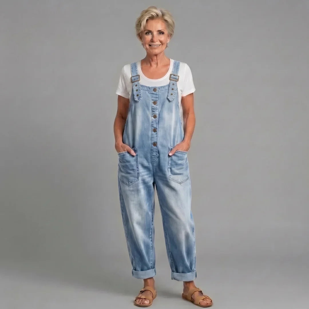 Women's denim bib overalls with womens wide leg pants and button-front closure – Light Blue