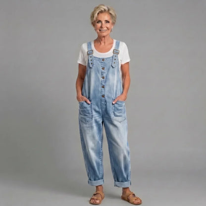 Women's denim bib overalls with womens wide leg pants and button-front closure – Light Blue
