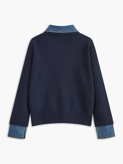 Women's denim-collar knit polo sweater