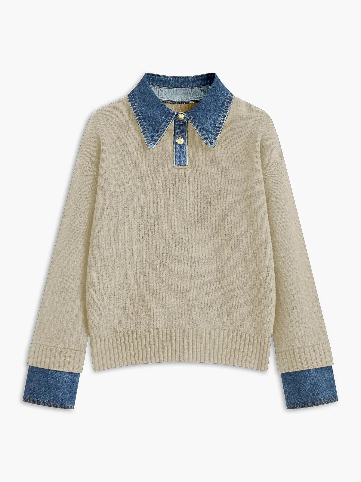 Women's denim-collar knit polo sweater – Apricot