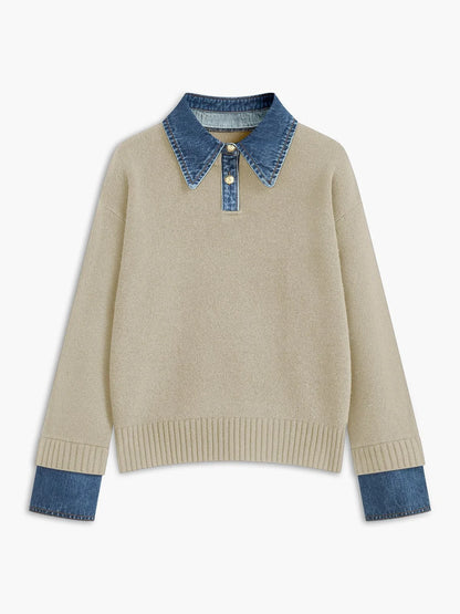 Women's denim-collar knit polo sweater – Apricot