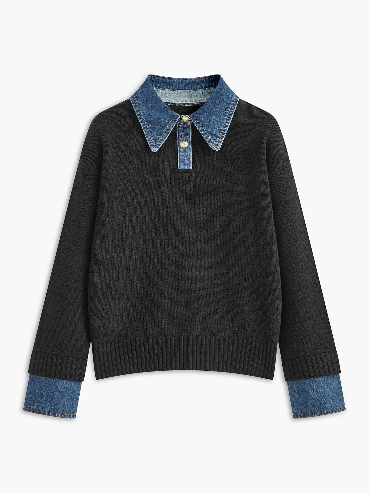 Women's denim-collar knit polo sweater – Black