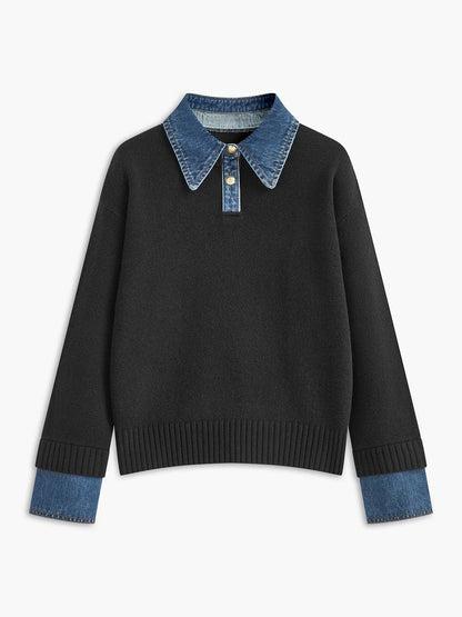 Women's denim-collar knit polo sweater – Black