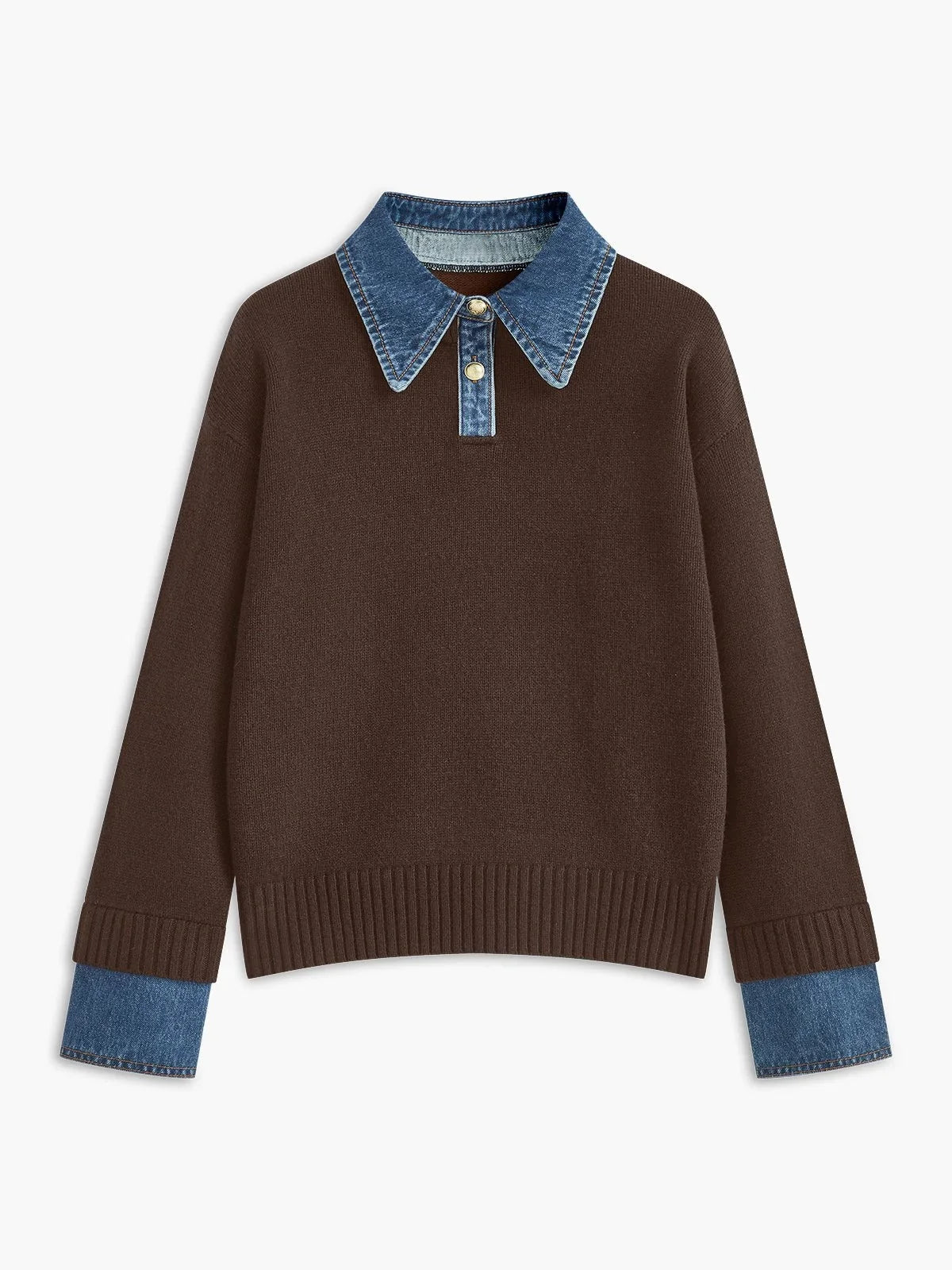 Women's denim-collar knit polo sweater – Brown