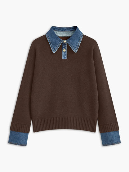 Women's denim-collar knit polo sweater – Brown