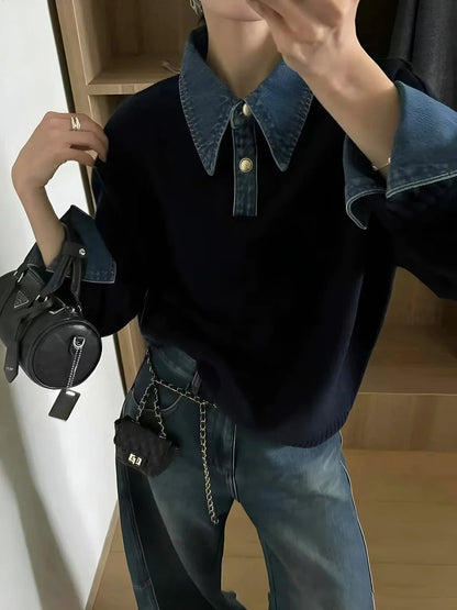 Women's denim-collar knit polo sweater