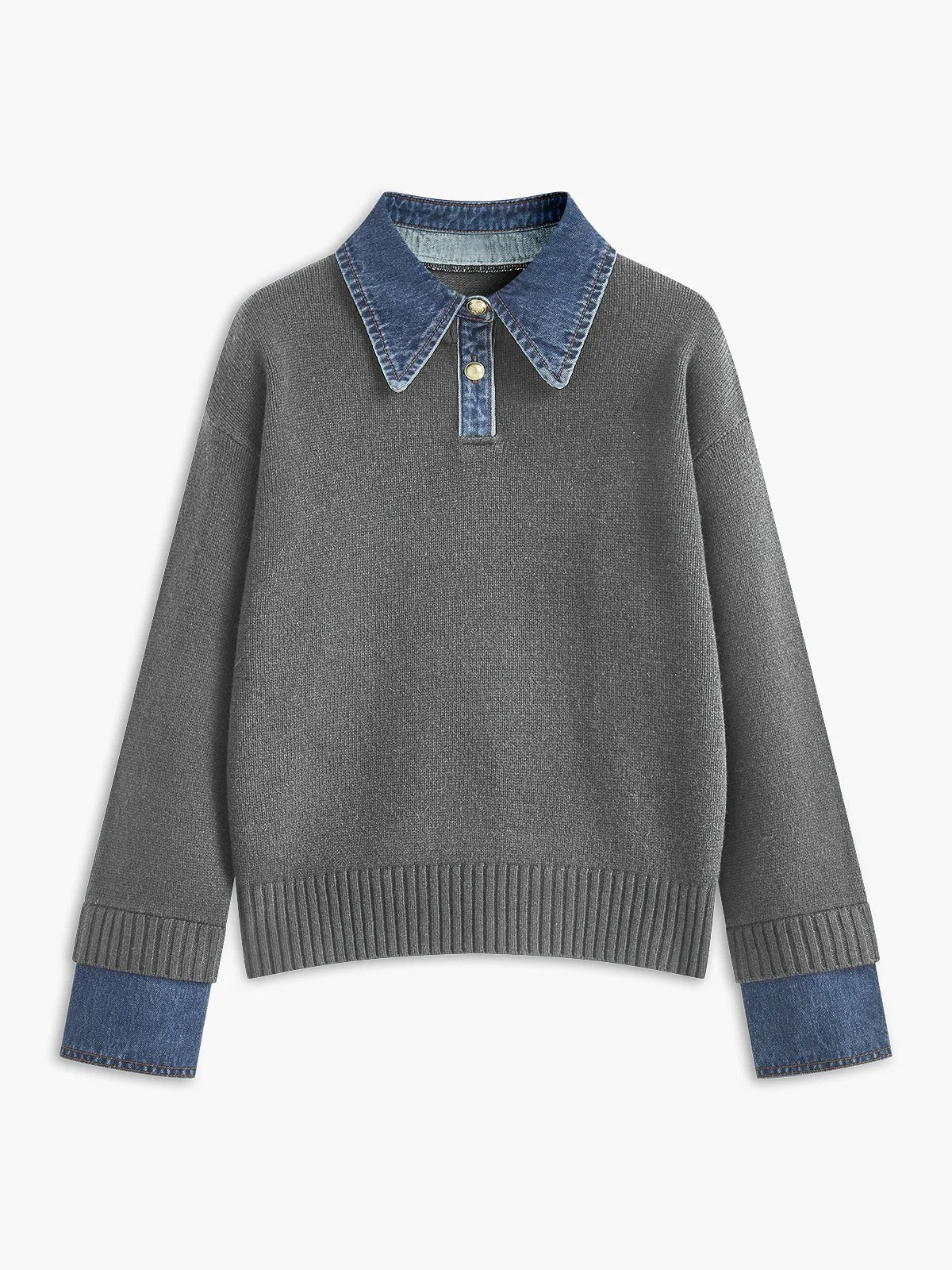 Women's denim-collar knit polo sweater – Light Grey
