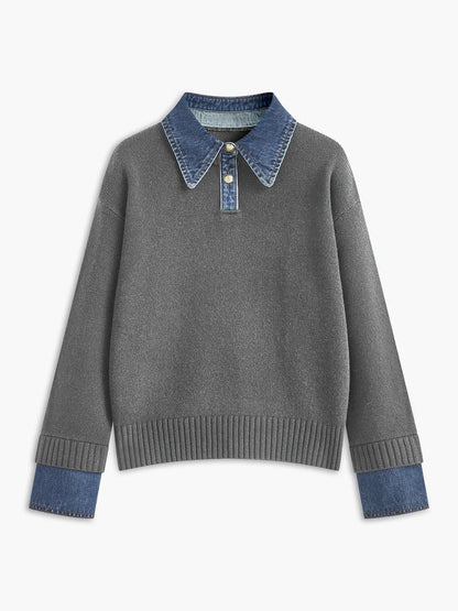 Women's denim-collar knit polo sweater – Light Grey