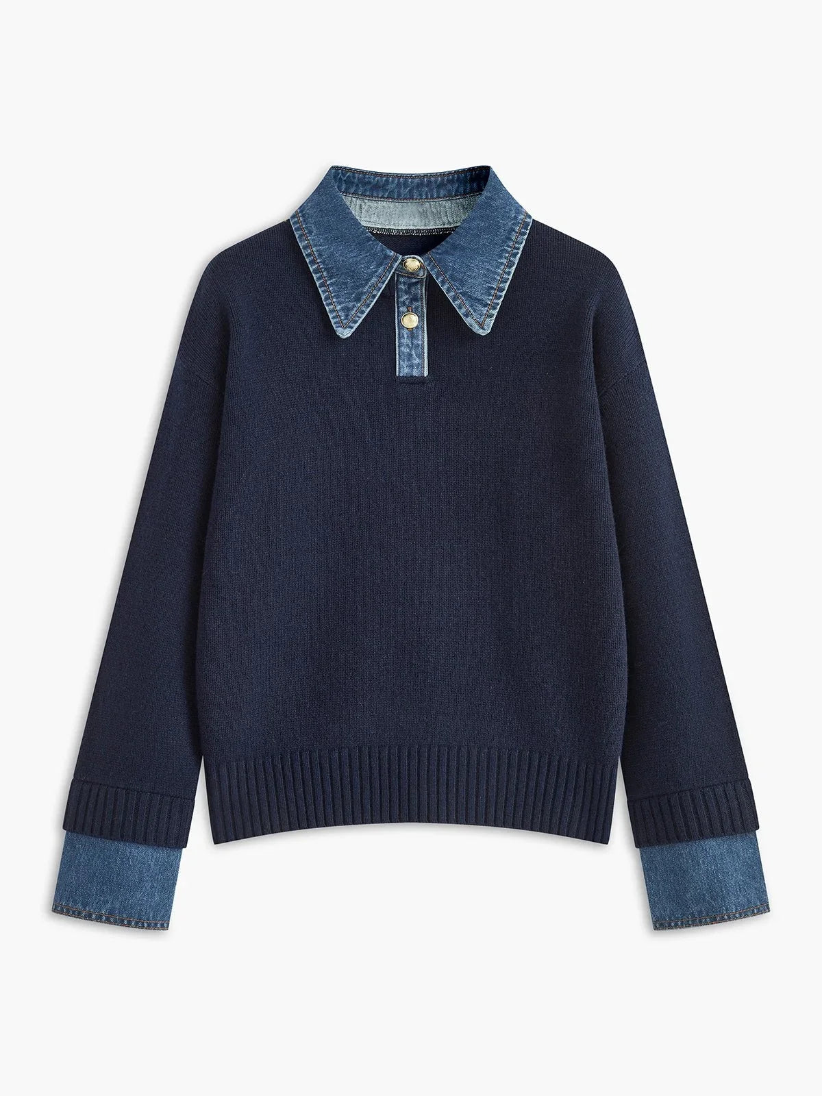 Women's denim-collar knit polo sweater – Navy