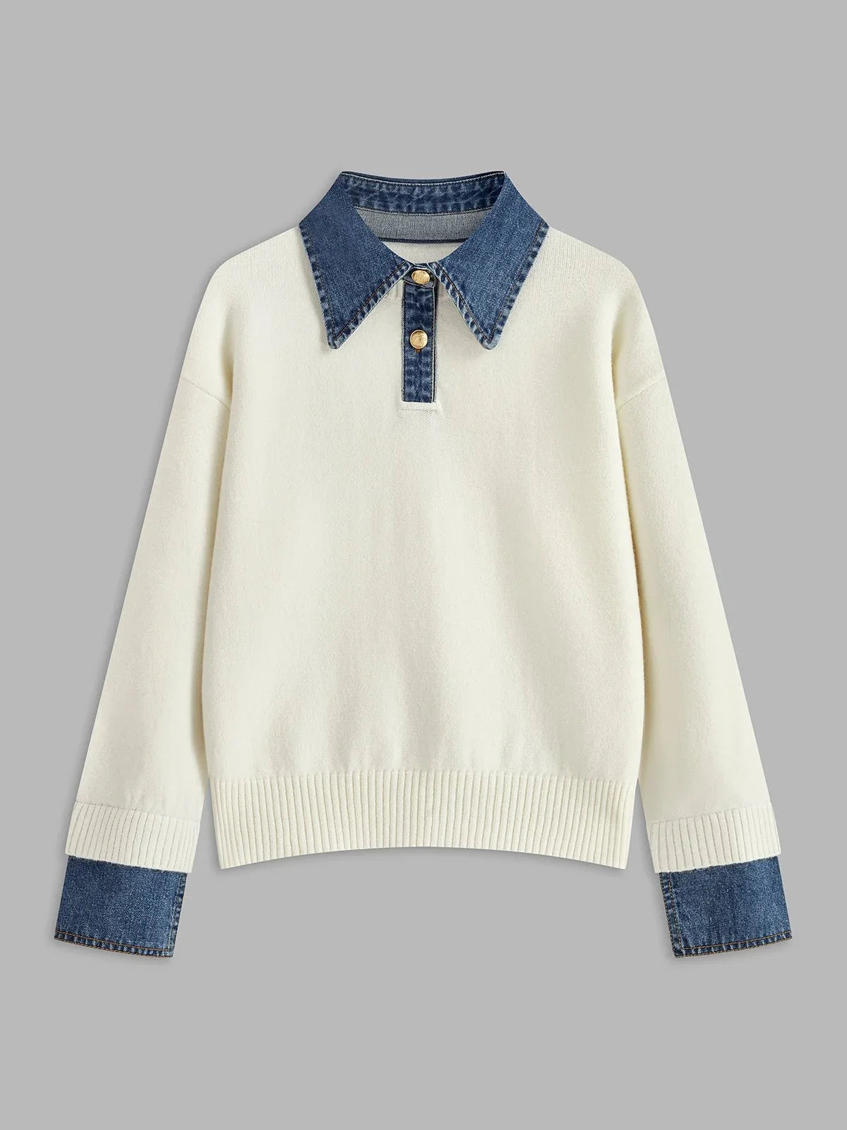 Women's denim-collar knit polo sweater – White