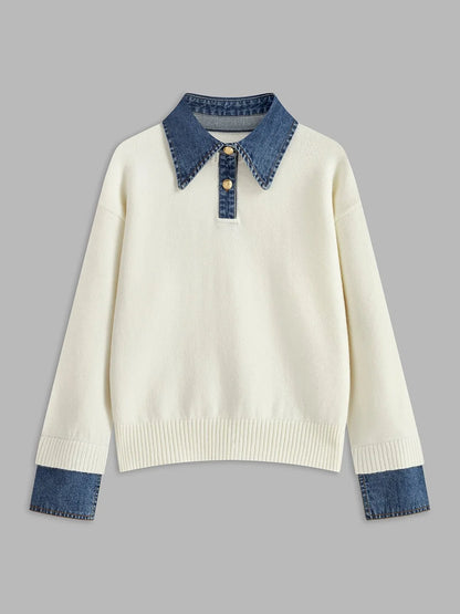 Women's denim-collar knit polo sweater – White