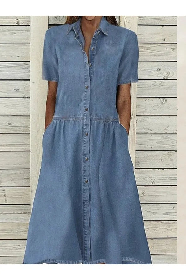 Women's denim collared button-down midi dress with short-sleeve and pockets – Blue