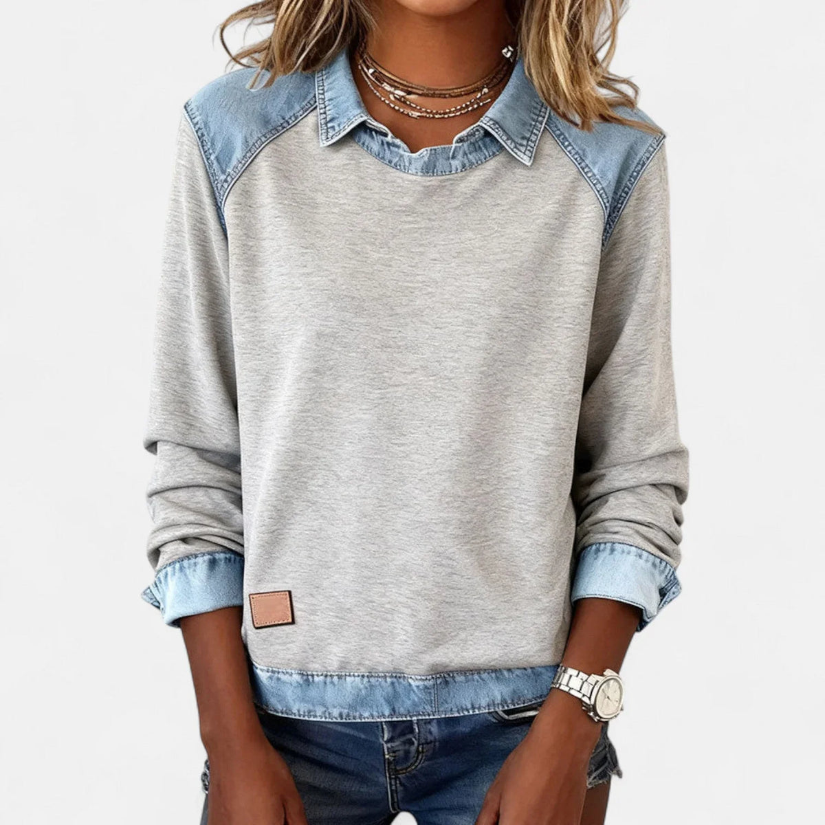 Women's denim contrast raglan knit sweater with collared neckline
