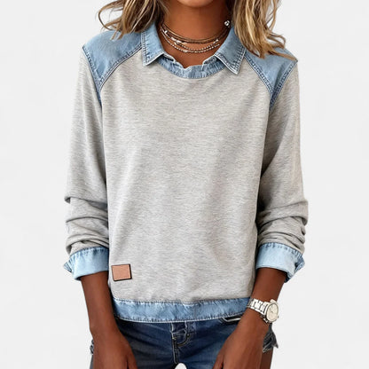 Women's denim contrast raglan knit sweater with collared neckline