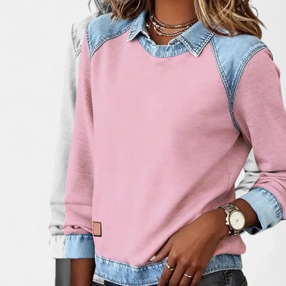 Women's denim contrast raglan knit sweater with collared neckline