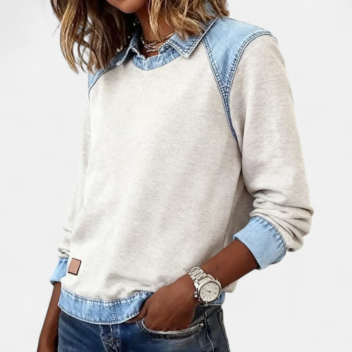 Women's denim contrast raglan knit sweater with collared neckline