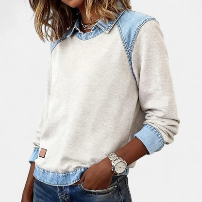Women's denim contrast raglan knit sweater with collared neckline