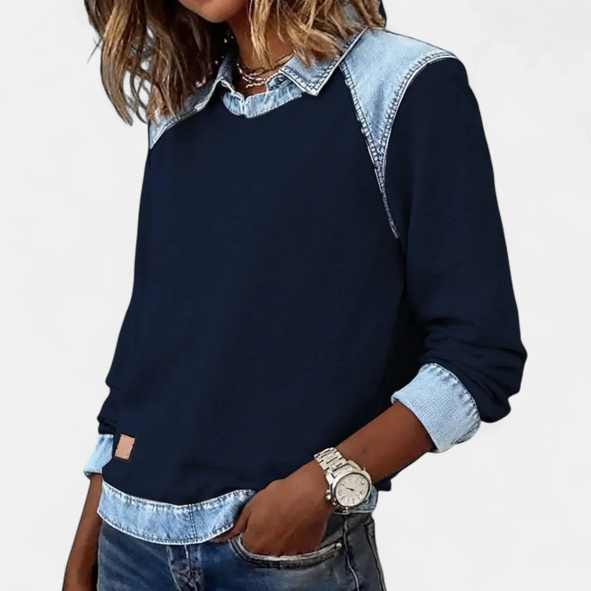 Women's denim contrast raglan knit sweater with collared neckline