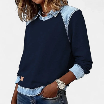 Women's denim contrast raglan knit sweater with collared neckline