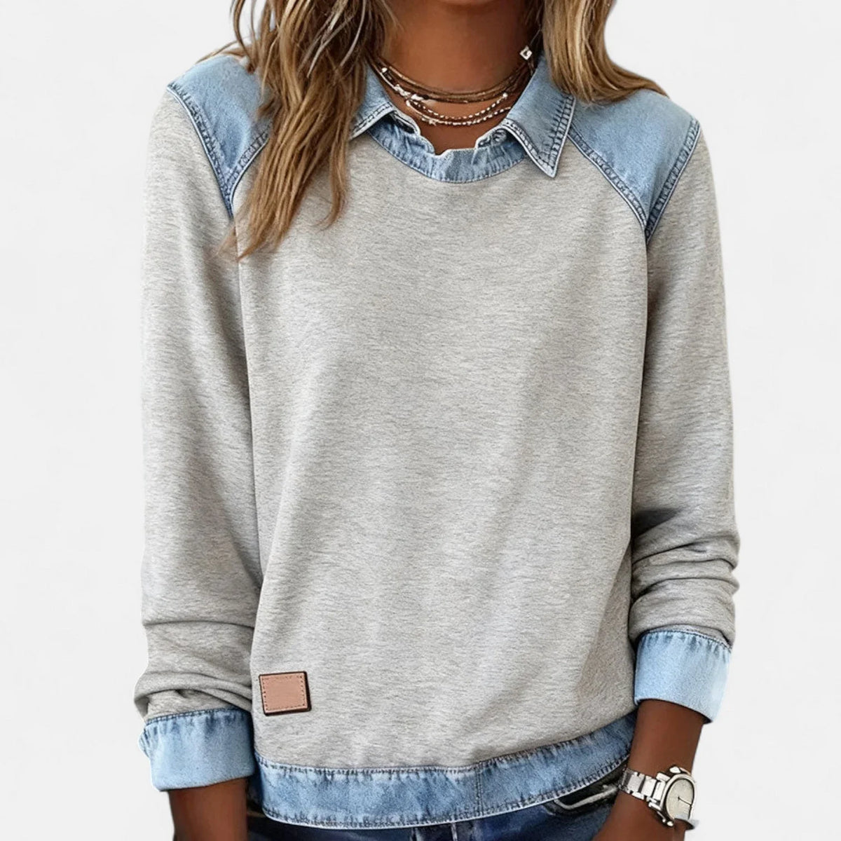 Women's denim contrast raglan knit sweater with collared neckline