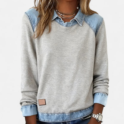 Women's denim contrast raglan knit sweater with collared neckline