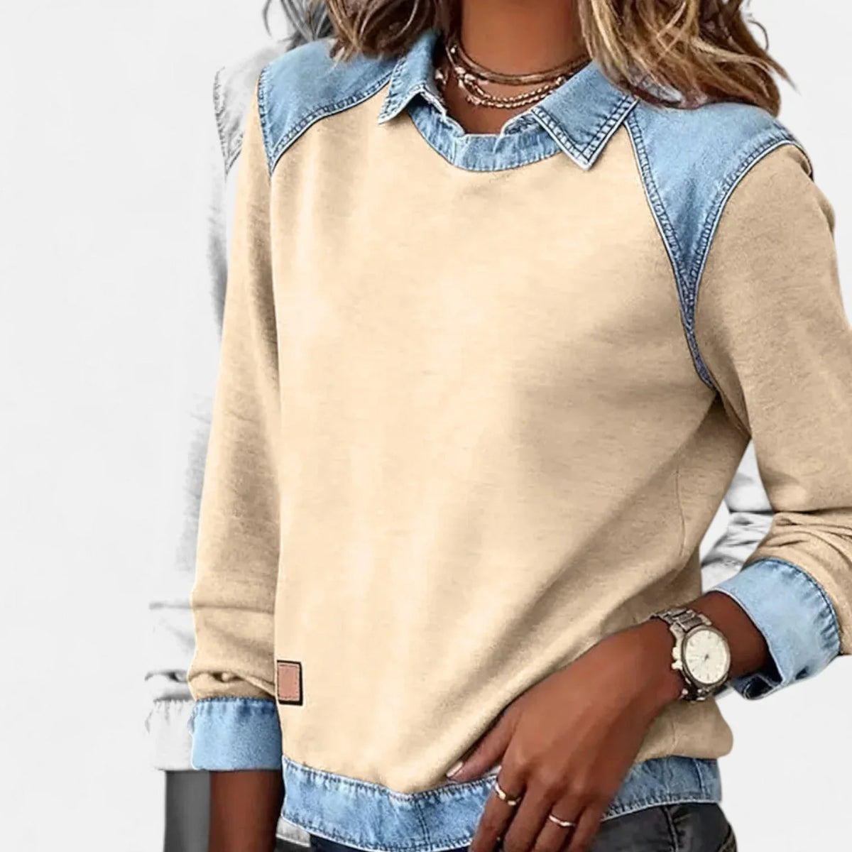 Women's denim contrast raglan knit sweater with collared neckline