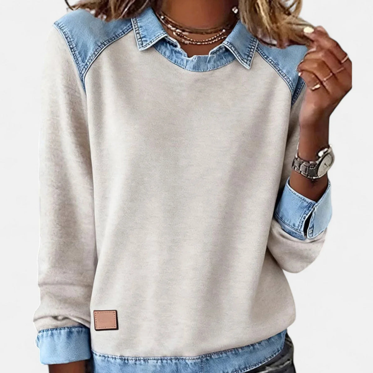 Women's denim contrast raglan knit sweater with collared neckline – Beige